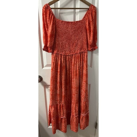 Betsey Johnson Orange Red Palms of Paradise Smocked Maxi Dress Size M Ruffle - Picture 4 of 8